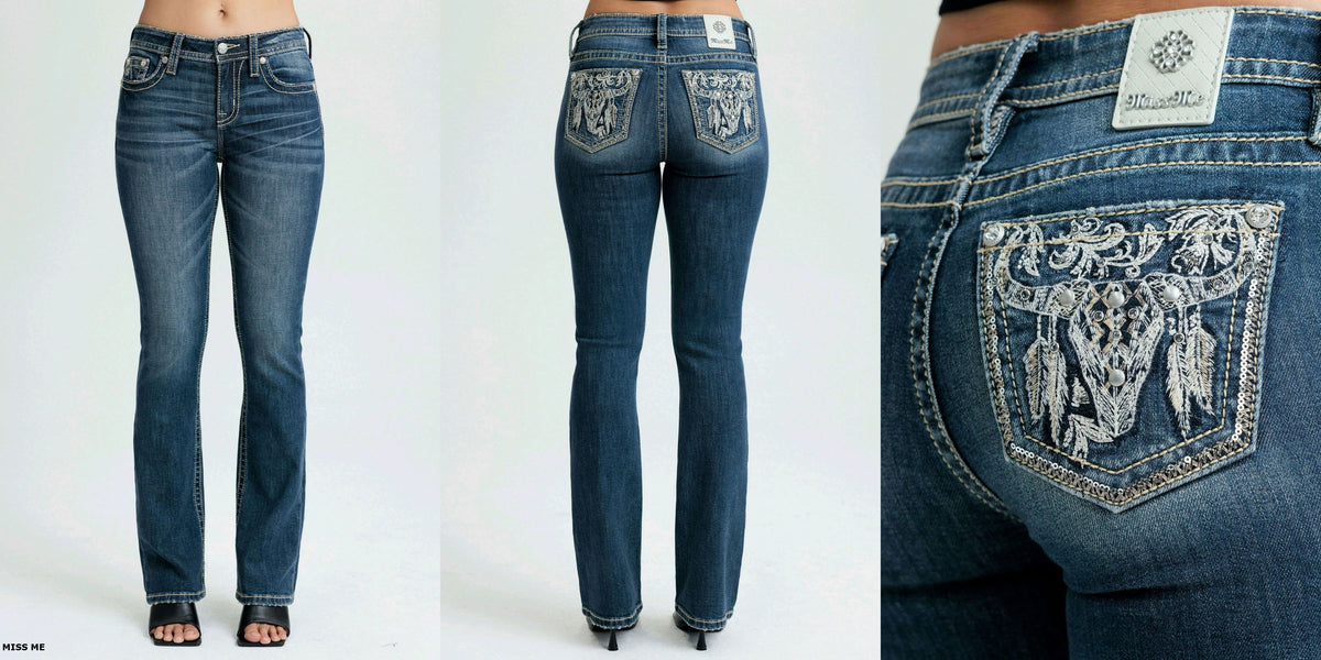 Miss Me Feather Embroidered Bootcut Jeans – 34” Inseam
