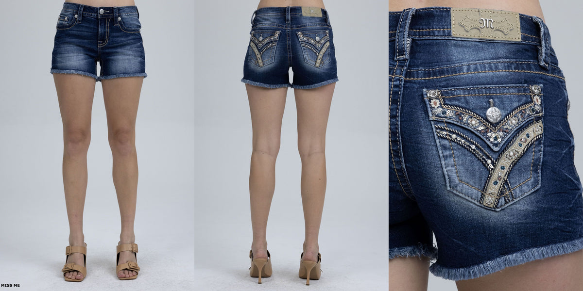 model wearing embellished shorts