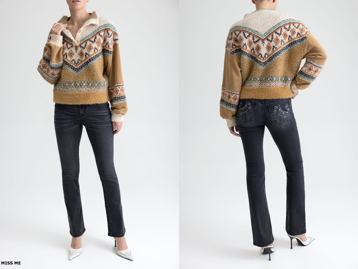 Miss Me Southwestern Patterned Quarter-Button Sherpa Sweater – Camel