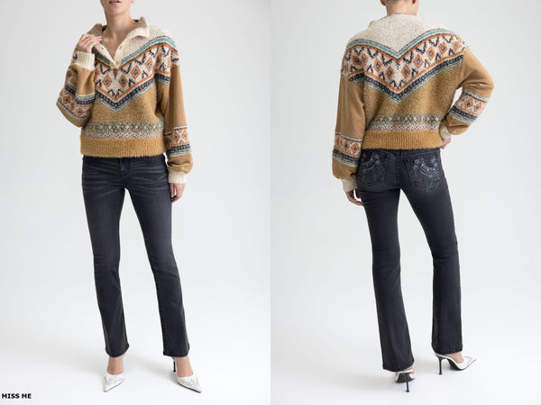 Miss Me Southwestern Patterned Quarter-Button Sherpa Sweater – Camel