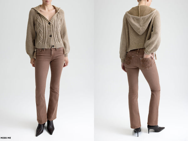 Miss Me Cable Knit Hooded Button-Up Sweater