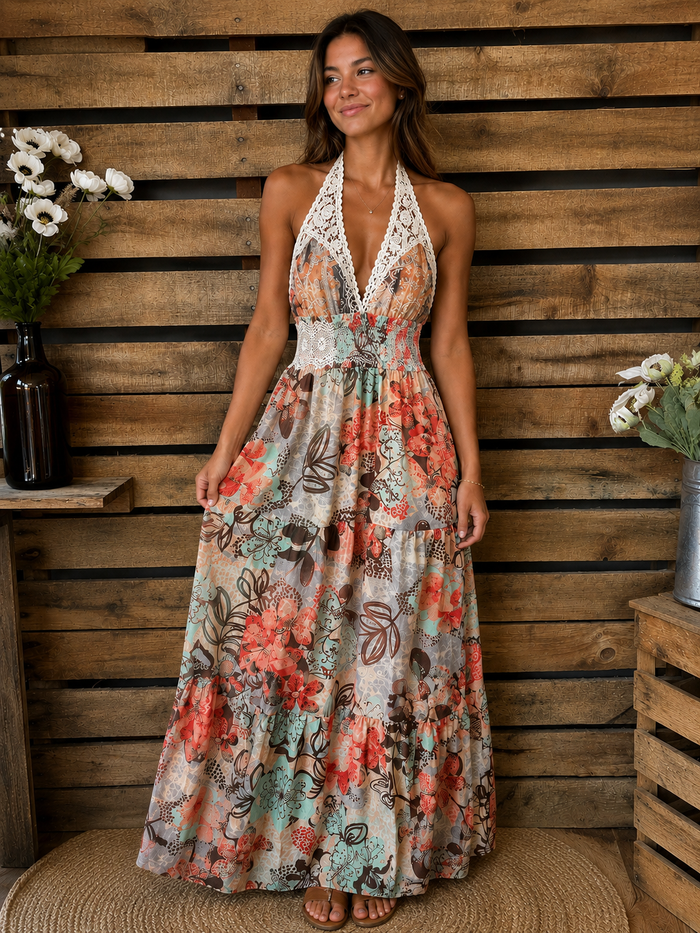 Miss Me Vintage Lace Halter Tiered Maxi Dress