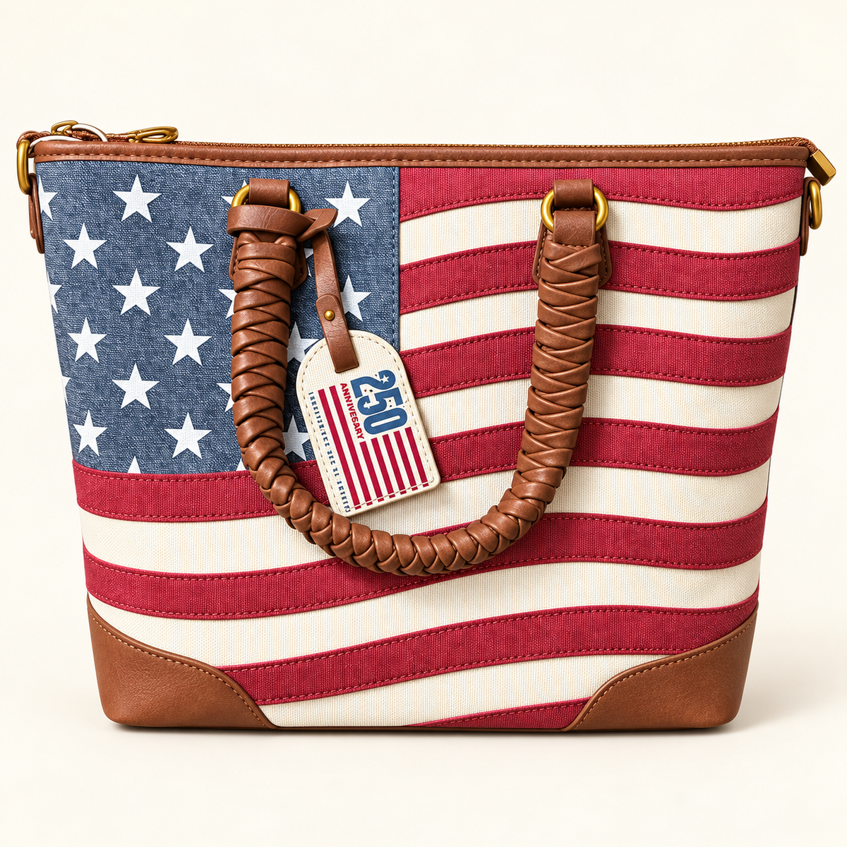 Montana West concealed carry tote featuring an American flag design, blue denim-look fabric, brown wrapped handles and trim, gold-tone hardware, and a 250th anniversary tag.
