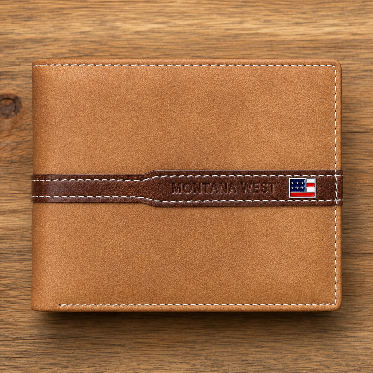 Montana West Genuine Leather Bi-Fold Wallet – Tan with American Flag Accent