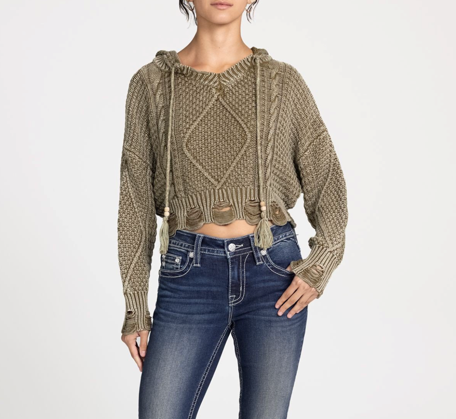 Distressed Olive Cropped Sweater