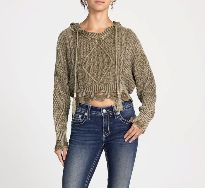 Distressed Olive Cropped Sweater