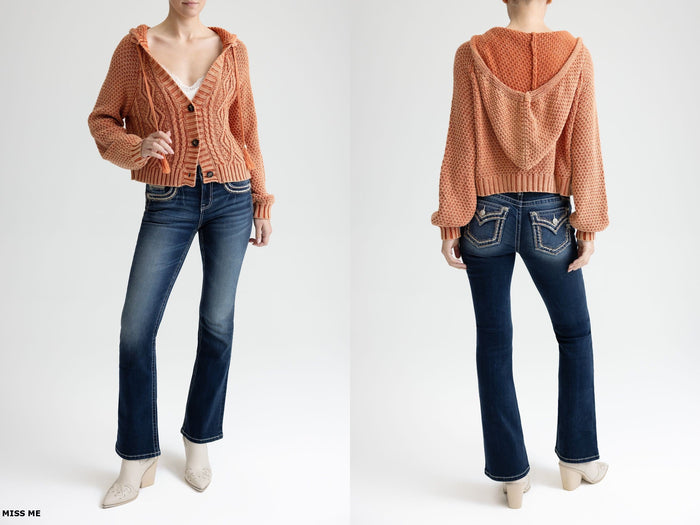 Miss Me Cable Knit Hooded Button-Up Sweater