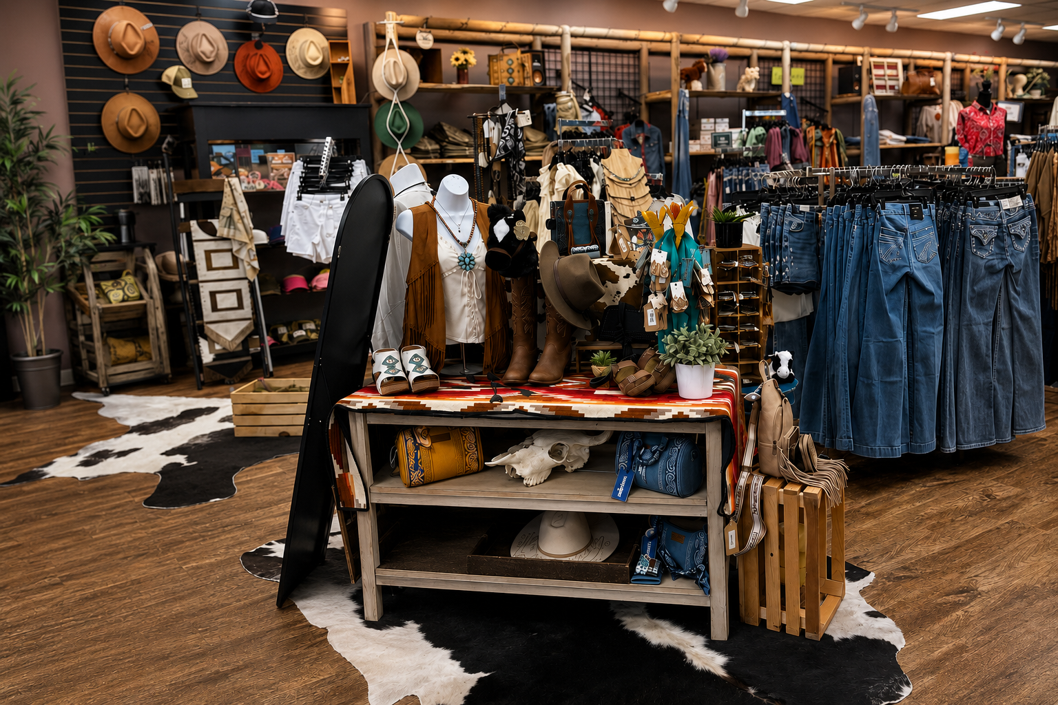 Interior of a store with clothing and accessories on display
