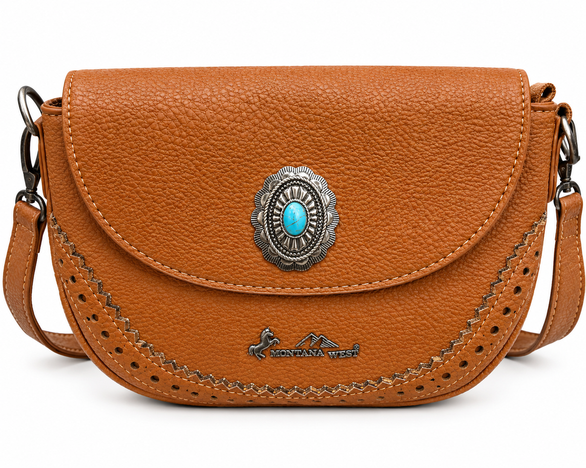 Montana West Tan Saddle Crossbody Bag with Turquoise Concho