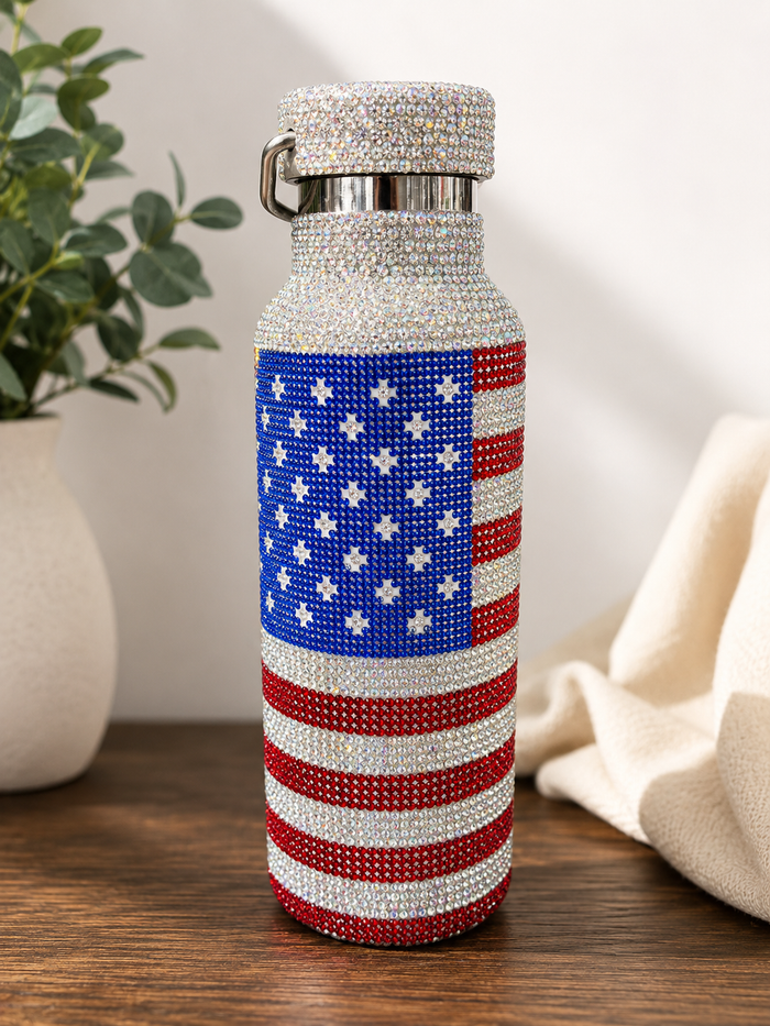 Bling American Flag Rhinestone Water Bottle – Sparkling Patriotic Stainless Steel Tumbler