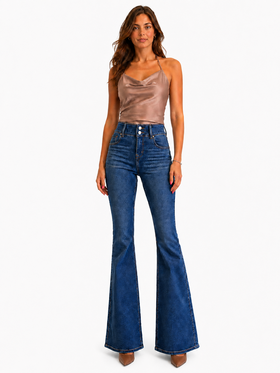 woman in jeans and a beige tank top