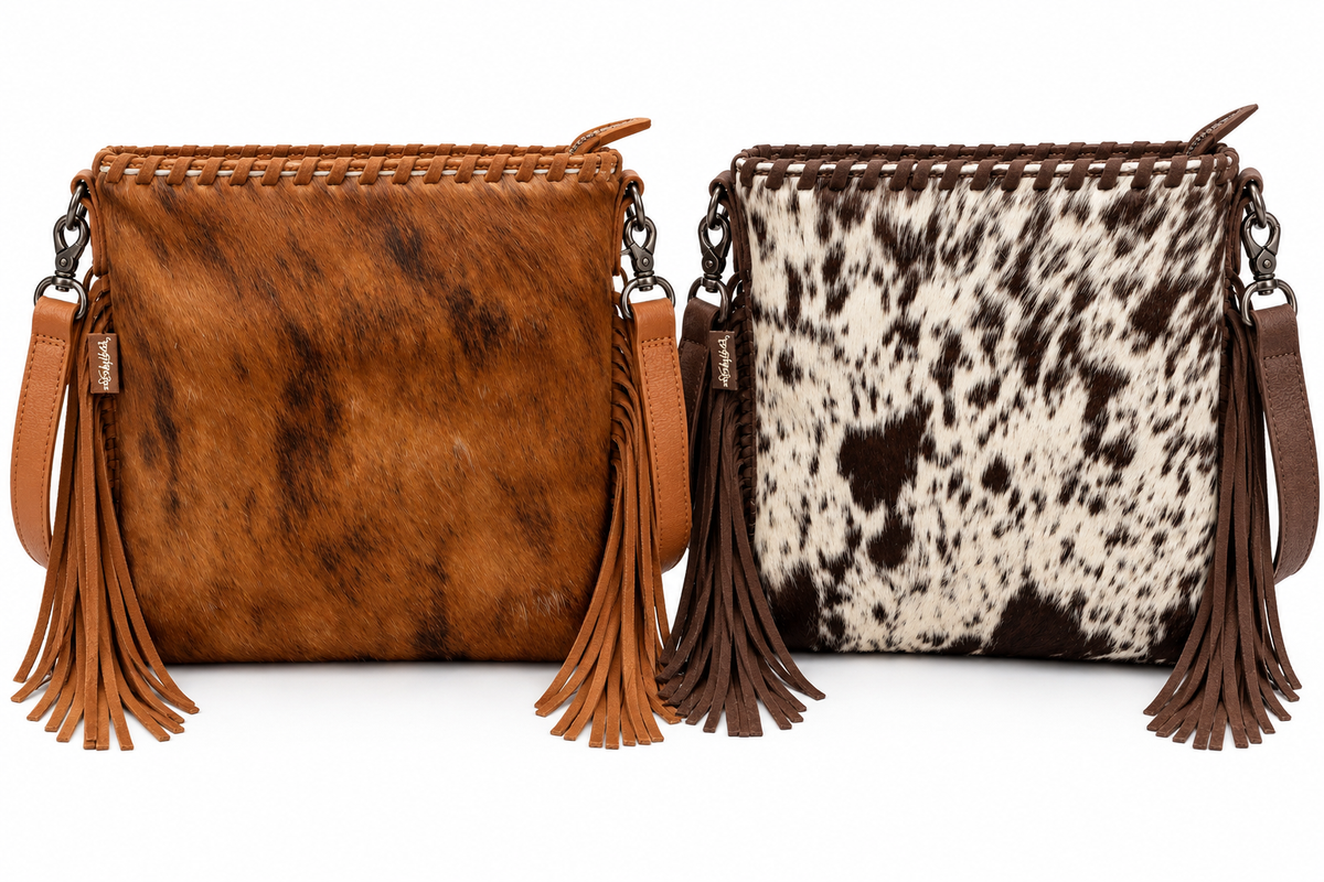 Western Cowhide Fringe Crossbody Bag – Brown & Black/White