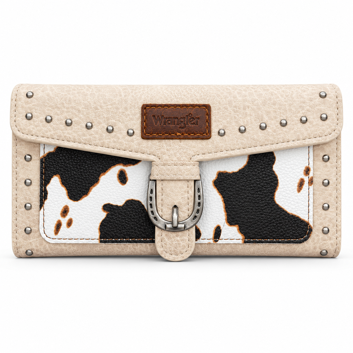 Cow Print: Wrangler cream wallet with black, white, and brown cow-print panels, silver-tone studs, and western buckle detail.
Solid Cream: Wrangler distressed cream wristlet wallet with silver-tone studs, western buckle detail, and matching wrist strap.