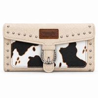 Cow Print: Wrangler cream wallet with black, white, and brown cow-print panels, silver-tone studs, and western buckle detail.
Solid Cream: Wrangler distressed cream wristlet wallet with silver-tone studs, western buckle detail, and matching wrist strap.
