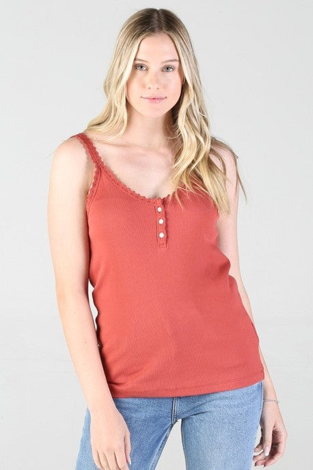 Lace-Trim Ribbed Button Tank