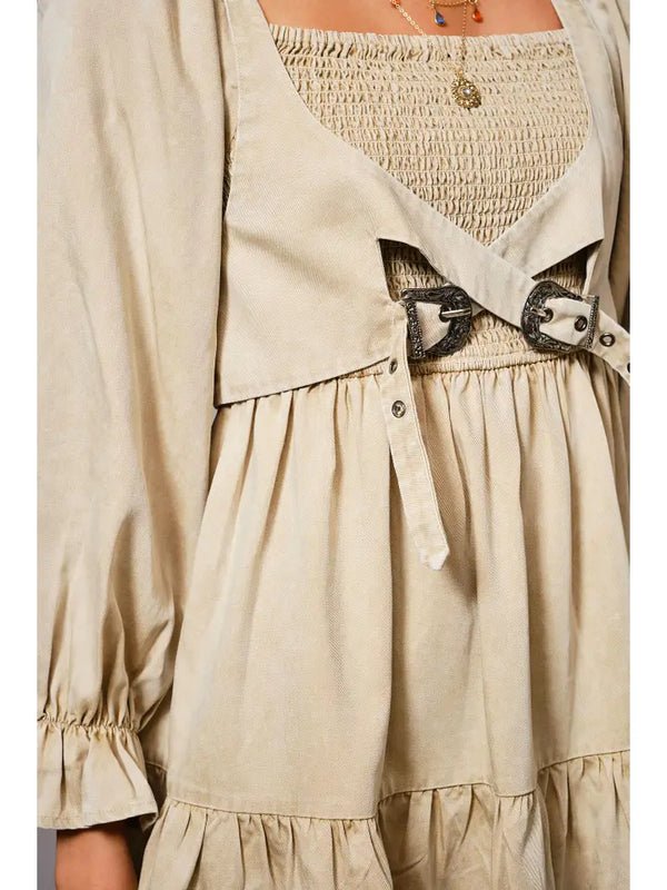 Buckle Smocked Mini Dress