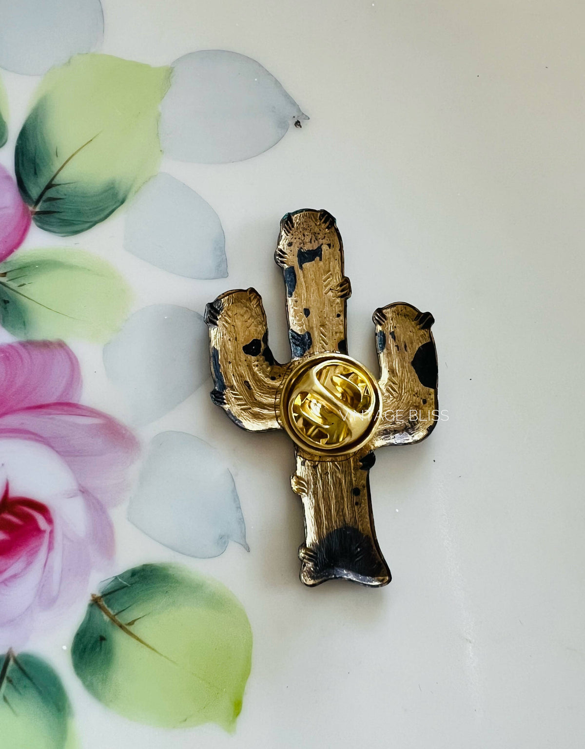 Western Turquoise Patina Aged Brass Cactus Hat Pin
