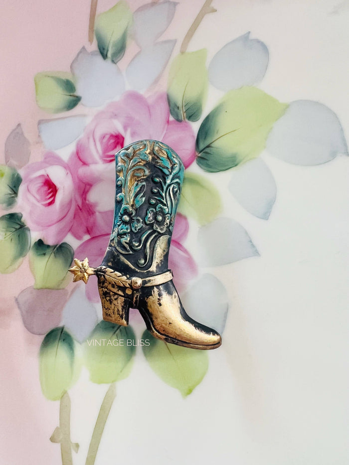 Western Turquoise Brass Cowboy Boot Hat Pin