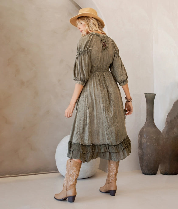 Sheared & Elasticated V-Neck Dress