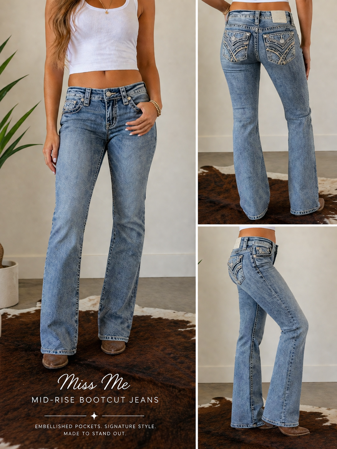 Collage of Miss Me mid-rise bootcut jeans worn by a person, with close-up shots of the design.
