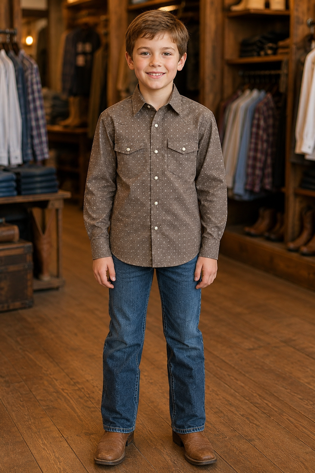 Montana Co. Boys’ Brown Geo Pearl Snap Shirt