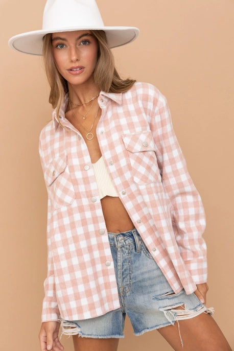 CozyCharm Light Pink Gingham Shacket