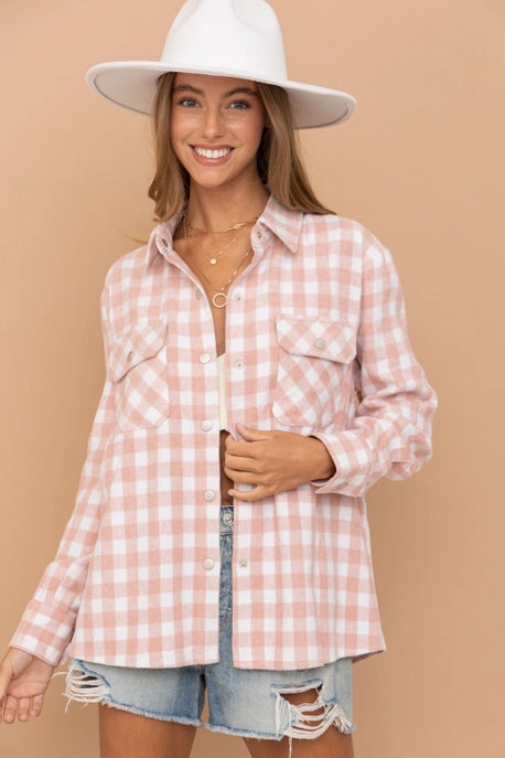 CozyCharm Light Pink Gingham Shacket