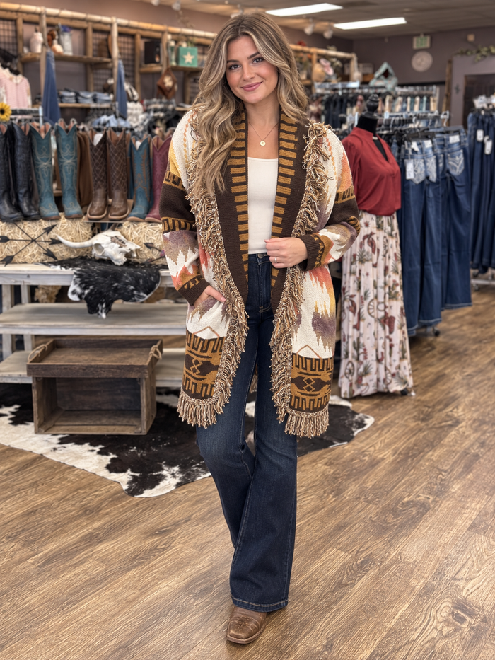 Maple Canyon Aztec Fringe Cardigan, S-M-L