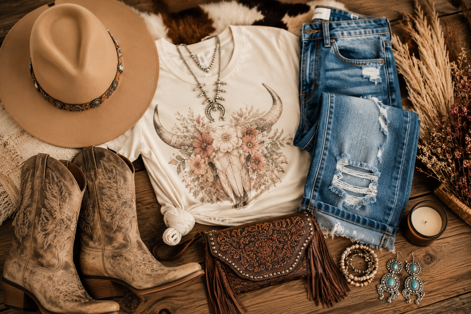 Cowboy hat, boots, floral shirt, jeans, and accessories on a wooden surface.