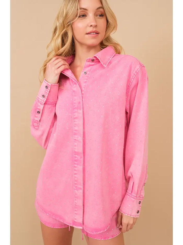 BoldGlow Hot Pink Studded Twill Button-Up