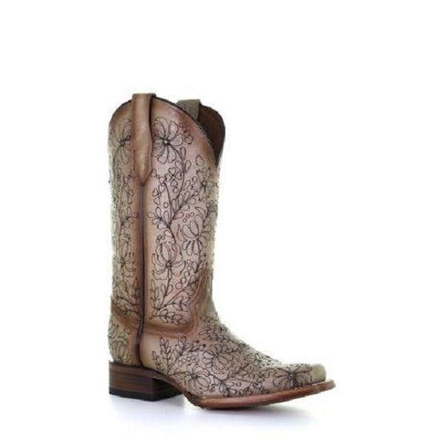Sand floral embroidered square toe boot