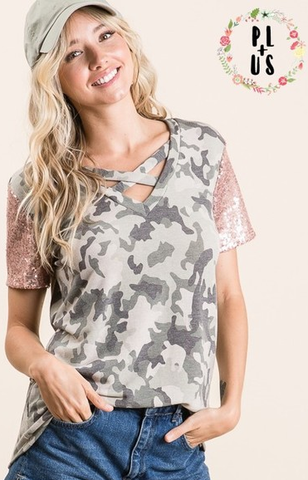 Camo Top With Sequin Sleeves